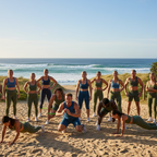 Group of people exercising on a sandy beach in Australia with ocean and sky in the background