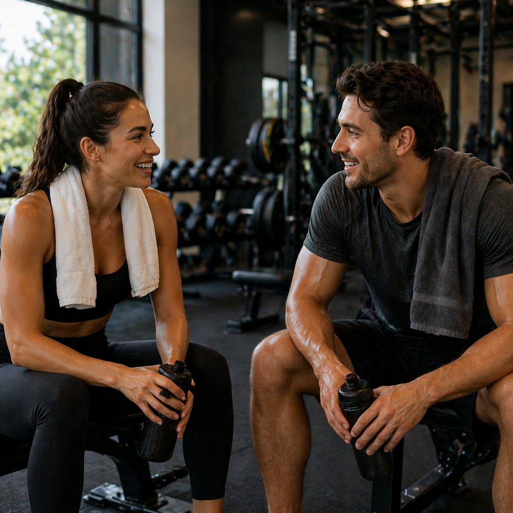 man and a woman at the gym talking after a workout